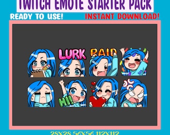Chibi Girl Emote Pack for Twitch Streamers Discord Emotes Blue Hair Blue Eyes - 8 Pack