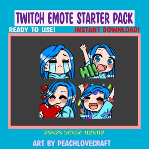 Chibi Girl Emote Pack für Twitch Streamer Discord Emotes Blue Hair Blue Eyes - 4Er Pack