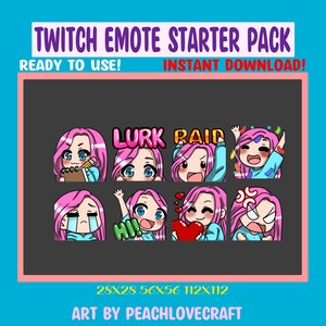 Chibi Girl Emote Pack pour Twitch Streamers Discord Emotes Pink Hair Blue Eyes - 8 Pack