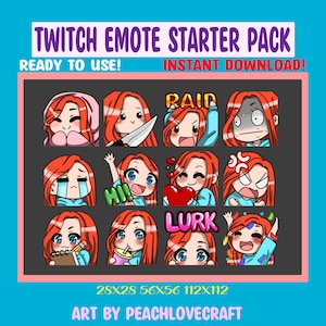Chibi Girl Emote Pack pour Twitch Streamers Discord Emotes Cheveux Rouges Yeux Bleus