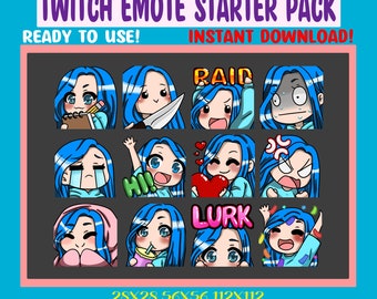 Chibi Girl Emote Pack for Twitch Streamers Discord Emotes Blue Hair Blue Eyes