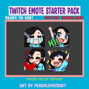 Chibi Girl Emote Pack for Twitch Streamers Discord Emotes Black Hair Blue Eyes - 4 Pack