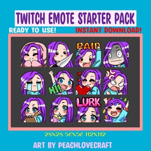 Chibi Girl Emote Pack for Twitch Streamers Discord Emotes Purple Hair Blue Eyes