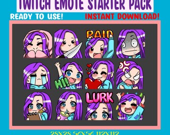 Chibi Girl Emote Pack for Twitch Streamers Discord Emotes Purple Hair Blue Eyes