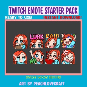 Chibi Girl Emote Pack pour Twitch Streamers Discord Emotes Cheveux Rouges Yeux Bleus - 8 Pack