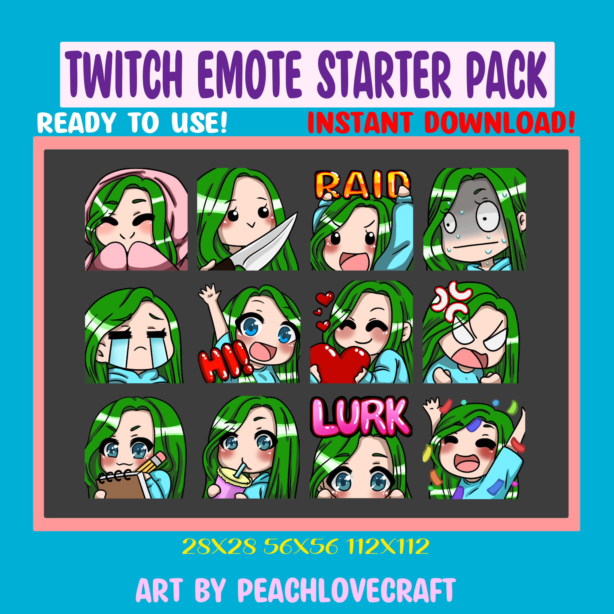 Chibi Girl Emote Pack for Twitch Streamers Discord Emotes Green Hair Blue Eyes