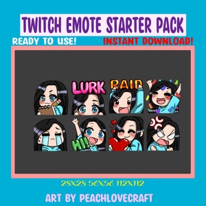 Chibi Girl Emote Pack for Twitch Streamers Discord Emotes Black Hair Blue Eyes - 8 Pack