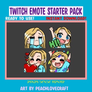 Chibi Girl Emote Pack für Twitch Streamer Discord Emotes Blonde Hair Blue Eyes - 4Er Pack