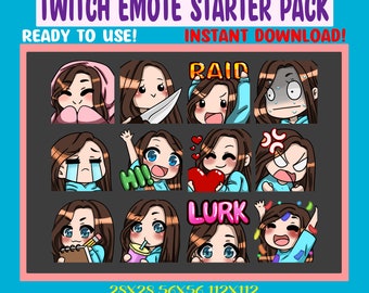 Chibi Girl Emote Pack for Twitch Streamers Discord Emotes Brown Hair Blue Eyes
