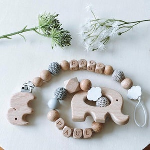 Gift set Pacifier chain with name and white heart or cloud Grasping toy with name, white heart or cloud image 2
