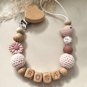 Catenella porta ciuccio personalizzata con nome, uccellino e fiore rosa come regalo per la nascita | Catenella porta ciuccio con nome | fatta a mano