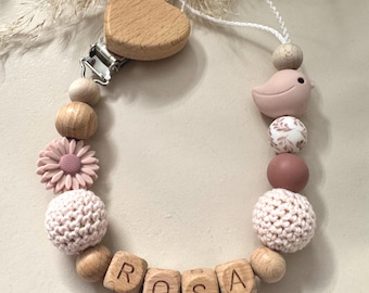 Speenketting gepersonaliseerd met naam, vogel en bloem in roze als geboortecadeau | Speenketting met naam | handgemaakt