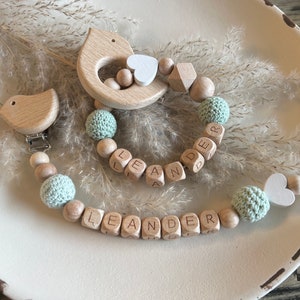 Gift set Pacifier chain with name and white heart or cloud Grasping toy with name, white heart or cloud image 5