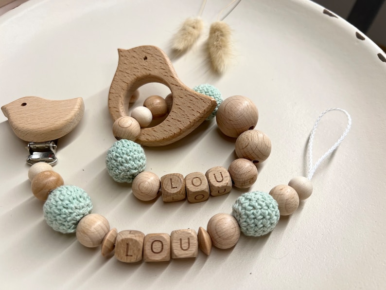 Geschenkset Schnullerkette mit Name Greifling mit Name personalisiert Bild 1