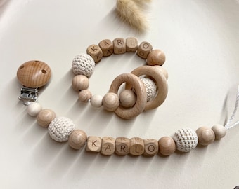 Gift set| Pacifier chain with name | Grasping toy with name | Wood