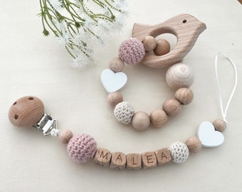 Gift set| Pacifier chain with name and white heart or cloud| Grasping toy with name, white heart or cloud