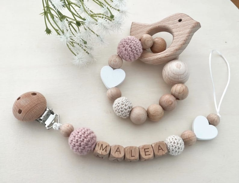 Gift set Pacifier chain with name and white heart or cloud Grasping toy with name, white heart or cloud image 1