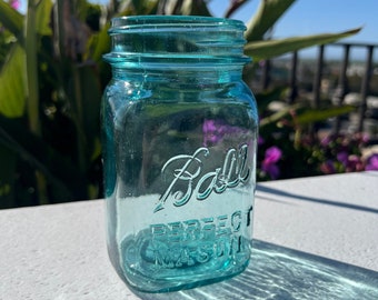 Blue Ball Jar | Rare Square Antique Pint 16oz Perfect Mason 1900-1910