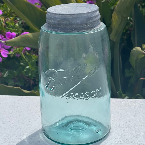 Driedubbele L Ball Jar | Blauwe antieke 32 oz met zinken deksel