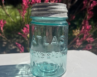 Blue Atlas Jar | Vintage Strong Shoulder Mason Pint with Zinc Lid