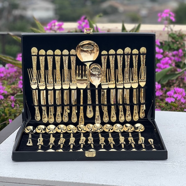 Gold Flatware Service for 12 | Vintage WM Rogers & Son 24k Electroplated (Case Not Included) 51 pieces