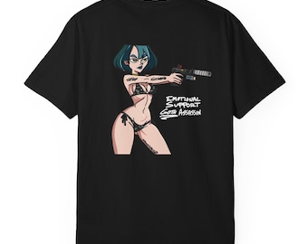 Emotional Support Goth Assassin Gun Girl T-shirt | Original Design Graphic Tee, Anime Pinup Back Print by Strikeforce69 | Printed in the USA