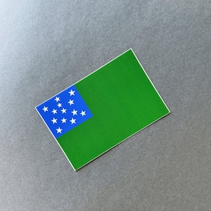 May include: A green flag with a blue canton featuring 13 white stars.