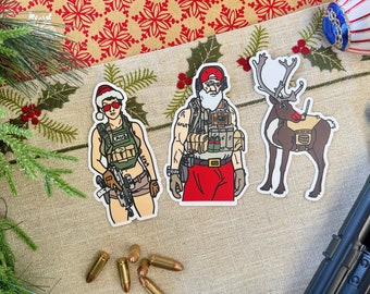 Taktiskt klistermärkespaket för jul | Stygga jultomten, Thicc fru Claus och Killer K9 Rudolph av Strikeforce69 | Tillverkad i USA