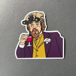 May include: A cartoon illustration of a person wearing a military helmet with night vision goggles, a purple jacket, and a yellow vest. The person is holding a glass of red wine and has a mustache and beard. The text "STRIKEFORCE 64" is visible on the vest.