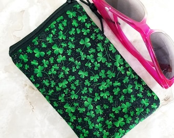 Glittery Green Shamrocks on Black Eyeglass Case with Single Pocket for One Pair of Glasses - Tampon or Condom Case - Green & Black Organizer