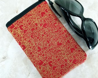 Red with Gold Hearts Eyeglass Case for One Pair of Glasses - Gift for BFF - Single Pocket - Tampon or Condom Case - Purse Organizer
