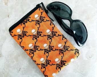 Gothic Skulls on Bold Orange Eyeglass Case for One Pair of Glasses - Unisex Single Pocket Case - Tampon or Condom Case - Purse Organizer