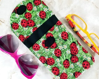 Ladybugs on Green Grass and Daisies Eyeglasses Case Holds 2 Pairs - Double Eyeglass & Sunglasses Case - Condom Tampon Case - Purse Organizer
