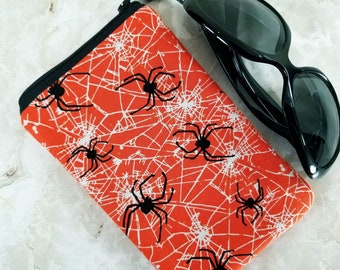 Halloween Spiders on Bold Orange Eyeglass Case for One Pair of Glasses - Unisex Single Pocket Case - Tampon or Condom Case - Purse Organizer