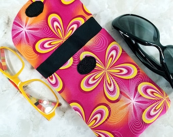 Wild Child Flowers Double Eyeglasses Case Holds 2 Pairs - Hot Pink & Orange Sunglasses Case - Gadget Case - Eye Glass Case - Purse Organizer