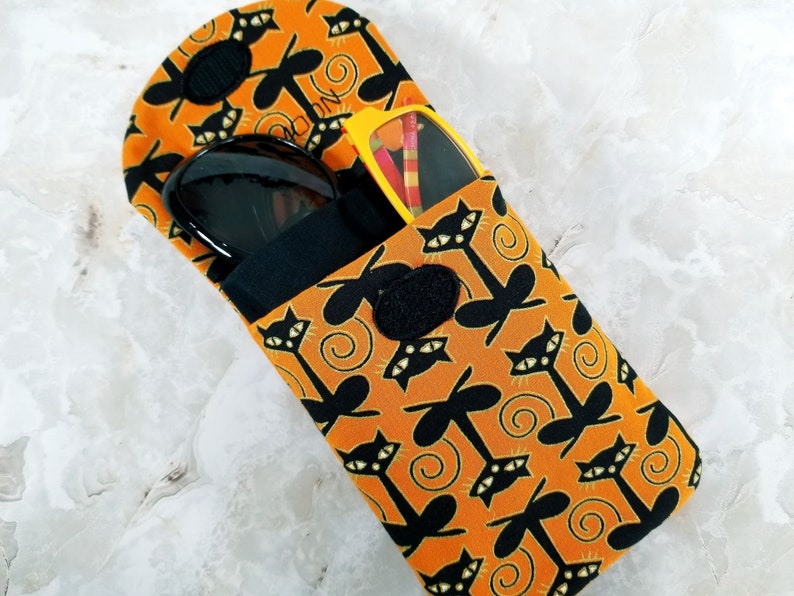 Witchy Black Cats on Bold Orange Eyeglass Case Holds 2 Pairs Fall Orange Sunglasses Case Condom Tampon Case Halloween Purse Organizer image 2