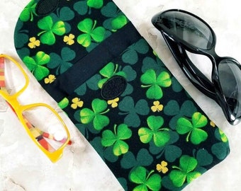 Shamrocks Double Eyeglasses Case Holds 2 Pairs - Green and Black Eye Glass Pouch with Strap - Ear Bud or Small Gadget Case