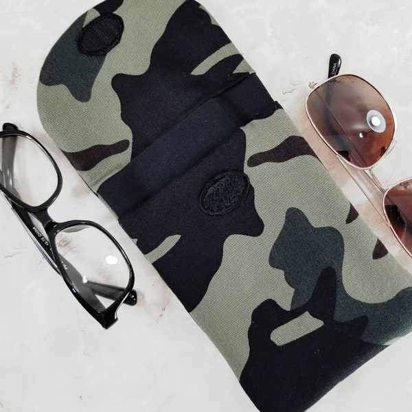 Camouflage Double Eyeglasses Case Holds 2 Pairs - Mens Eye Glass Case with Strap - Double Sunglass Pouch - Camo Ear Bud or Small Gadget Case
