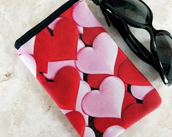 Bold Pink and Red Hearts Eyeglass Case for One Pair of Glasses - Gift for Valentine - Single Pocket- Tampon or Condom Case - Purse Organizer