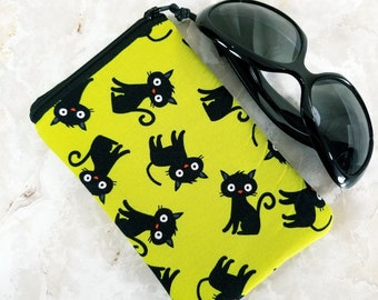 Wild Eyed Black Cats on Bold Chartreuse Eyeglass Case for One Pair of Glasses - Single Pocket Case - Tampon or Condom Case - Purse Organizer