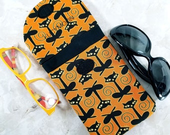 Witchy Black Cats on Bold Orange Eyeglass Case Holds 2 Pairs - Fall Orange Sunglasses Case - Condom Tampon Case - Halloween Purse Organizer