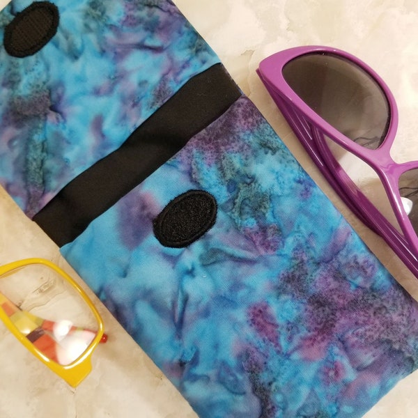 Batik Purple and Blue Double Eyeglasses Case Holds 2 Pairs - Hippy Flowerchild Sunglasses Case - Gadget Case - Purse Organizer