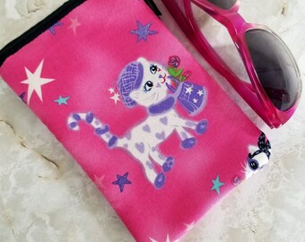 Glamour Kitty Eyeglass Case for One Pair of Glasses - Girl's Pink Single Pocket Zip Bag - Girl's Tampon or Condom Case - Purse Organizer