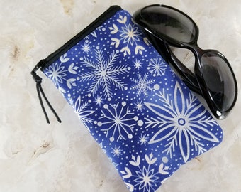 Icy Snowflakes on Deep Blue Eyeglass Case for One Pair of Glasses - Tampon Condom Case - Purse Organizer - Single Pocket for Large Glasses