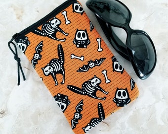 Halloween Skelly Animals on Bold Orange Case for One Pair of Eye or Sun Glasses - Unisex Single Pocket Case - Witchy Tampon or Condom Case