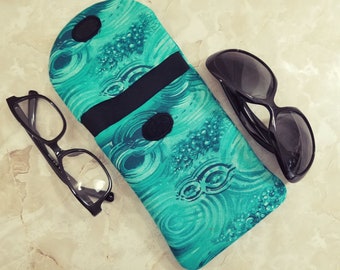 Turquoise Double Eyeglasses Case Holds 2 Pairs - Blue Green Eye Glass Pouch with Strap - Ear Bud or Small Gadget Case - Double Pocket