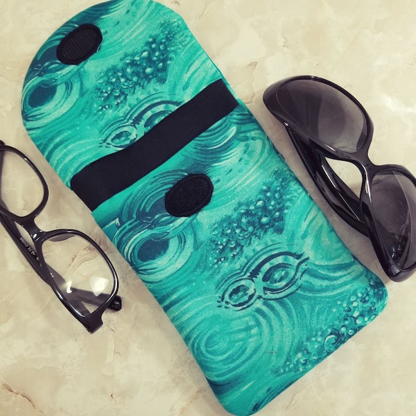 Turquoise Double Eyeglasses Case Holds 2 Pairs - Blue Green Eye Glass Pouch with Strap - Ear Bud or Small Gadget Case - Double Pocket