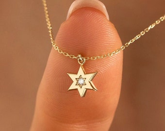 Diamond Tiny Star of David Necklace | 14k Solid Gold Magen Star Jewish Jewelry for Women | Diamond Jewish Star Pendant Mother&#39;s Day Gifts