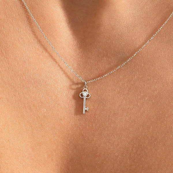 Single Diamond Key Charm | 14k White Gold Key Pendant Necklace | Minimalist Key Jewelry for Women in 14k Solid Yellow, White or Rose Gold