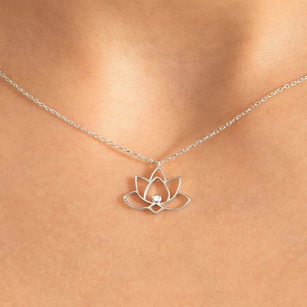 White Gold Lotus Flower Necklace 0.02 Ct Diamond | Dainty 14k Solid Gold Lotus Charm Jewelry | Minimalist Diamond Chakra Pendant for Women